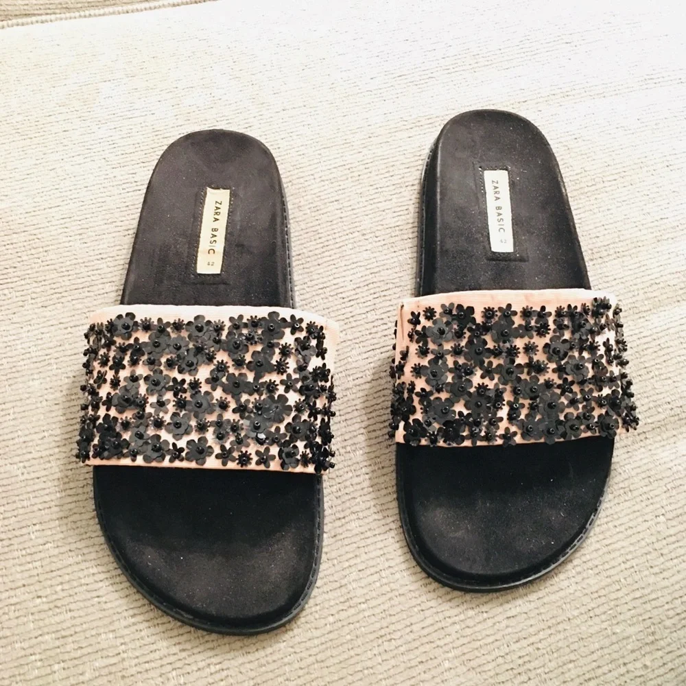 Zara Basic Floral Bead Rhinestones Black Pink Slide Sandals Size 42 - Picture 3 of 8